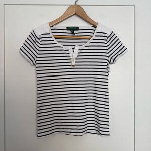 Lauren Ralph Lauren Top Women M White Blue Striped Short Sleeve Nautical Coastal